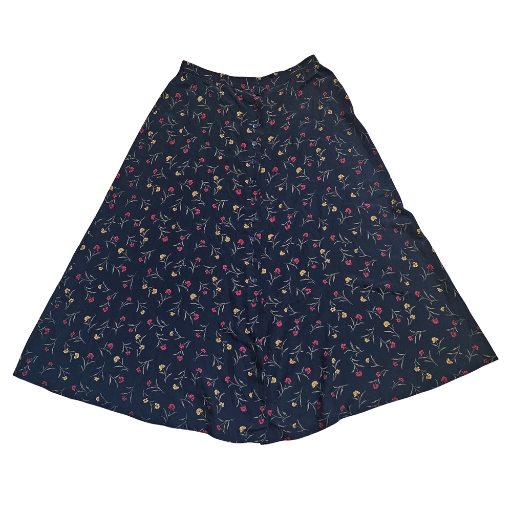 Vintage Lightweight Black Floral A-Line Button-Front Midi Skirt